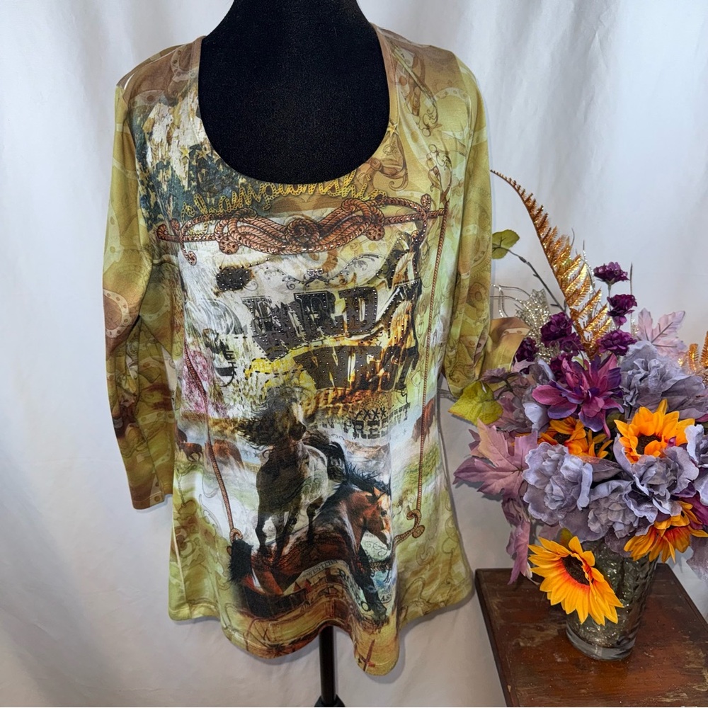 Rebecca Malone Western Horse Wild West Graphic Tunic Top Sheer Long Sleeve L